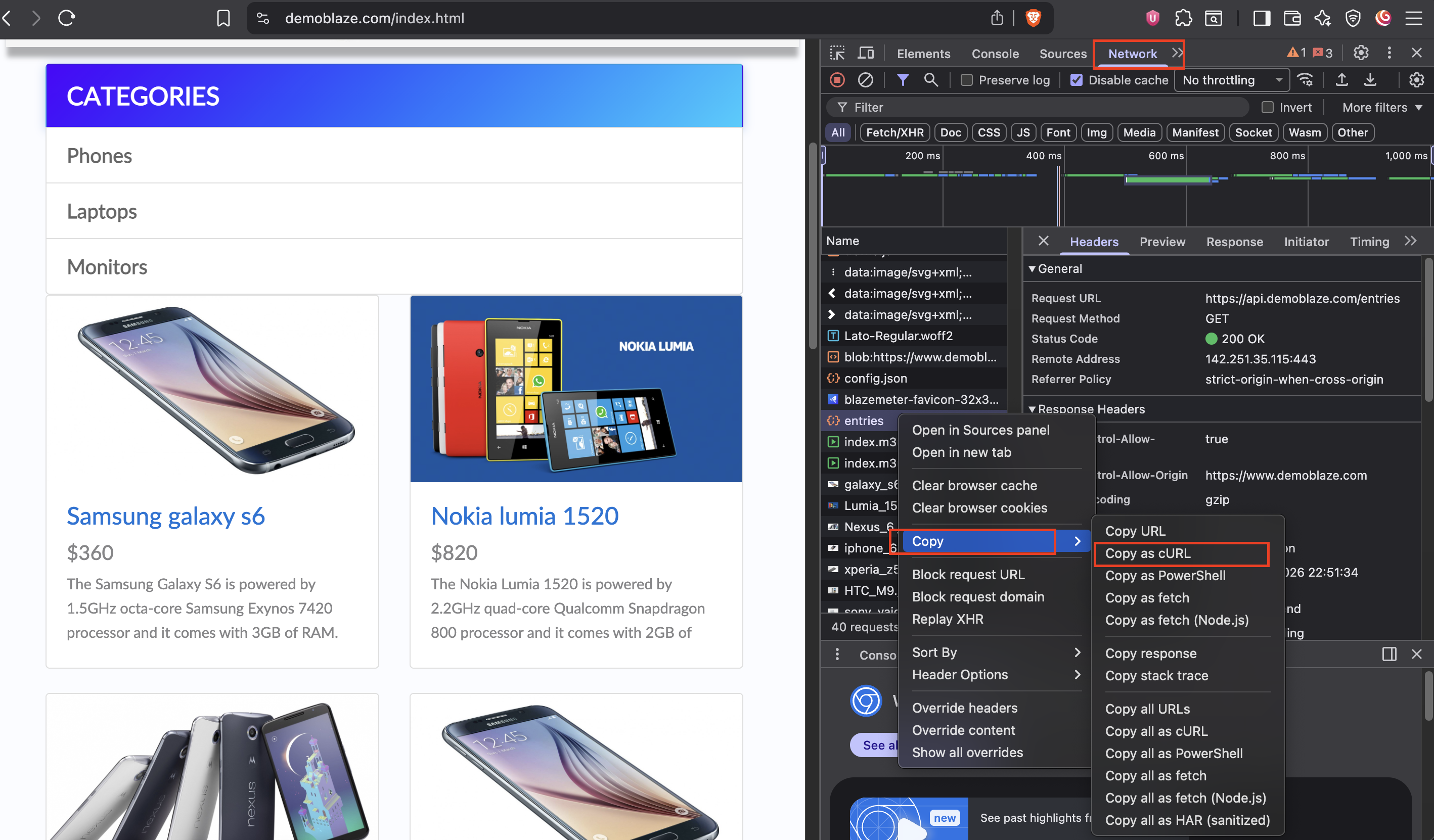 Step 2 - Copy curl from devtools