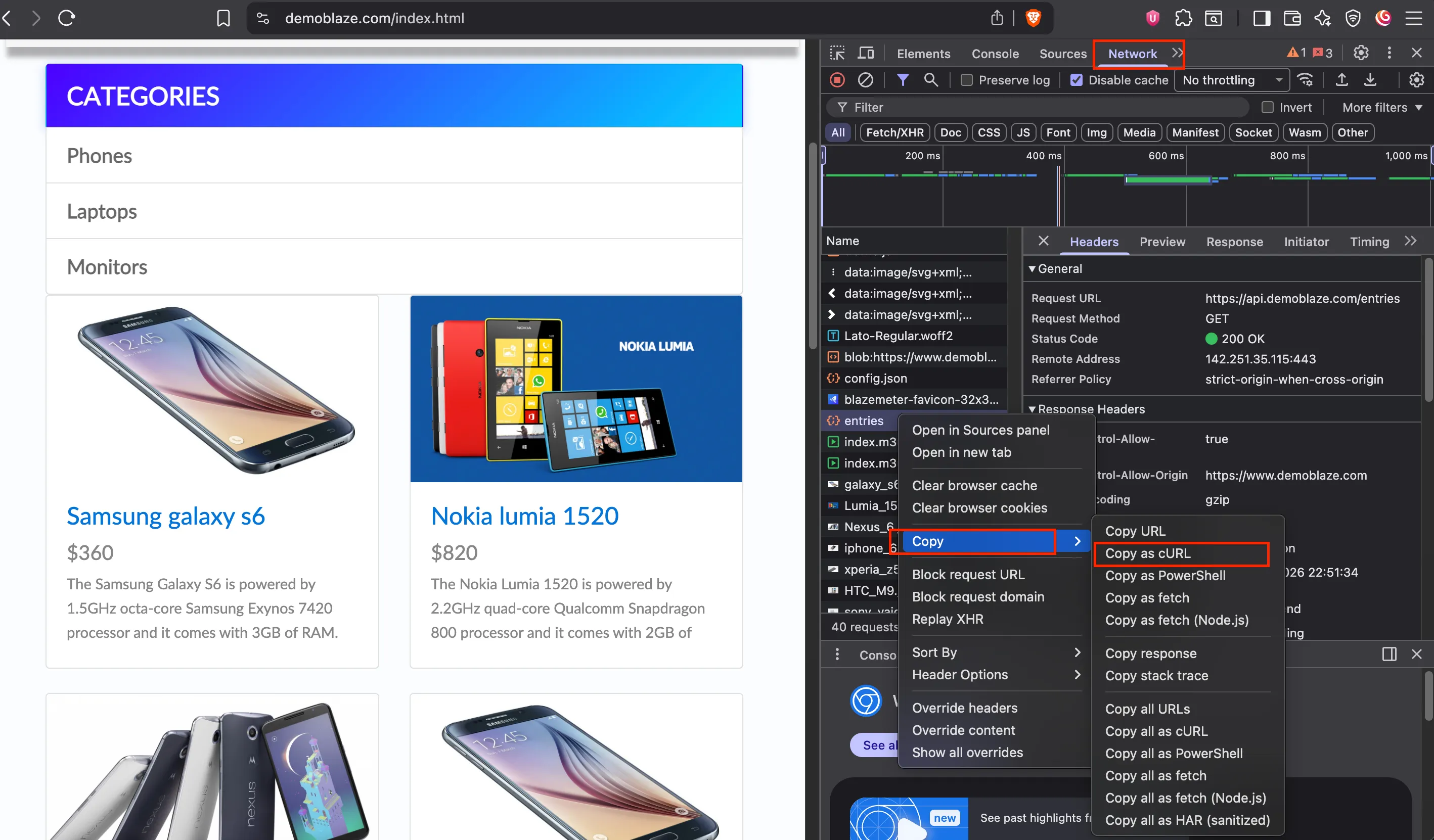 Step 2 - Copy curl from devtools